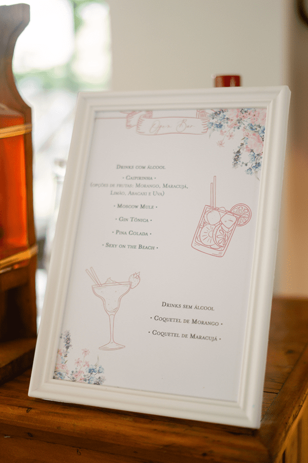 Menu personalizado de drinks, coquetéis exclusivos para casamento.